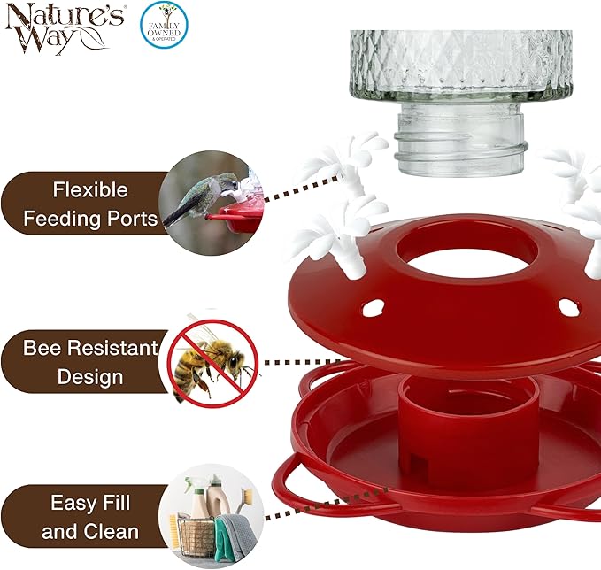 Nature's Way Hanging Glass Hummingbird Feeder for Outdoor Décor, 13 Ounce Capacity Nectar Feeder, Ant Moat, 4 Easy to Clean Flexible Ports, Red