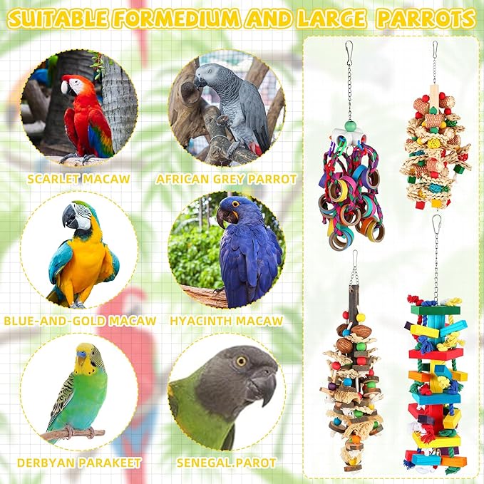 Soulchen 4 Pcs Extra Large Bird Parrot Toy Set Natural Wooden Chewing Toy, Rattan Ball, Wood Nut Loofah String (Bagged) for Large Macaws, African Grey, Amazon Parrots (Wooden Block)