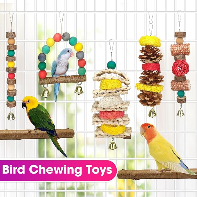 JOREWOOD 7 Pcs Natural Wood Bird Toy & Perch for Parakeets, Cockatiel & Lovebird, Budgie Play Accessory for Small Parrots Indoor Cage