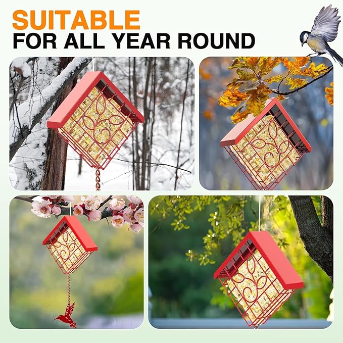 FlowaFoli Suet Bird Feeder, Metal Suet Feeder for Outside Hanging, Single Suet Cake Capacity, Fruit and Suet Feeder Style for Outside Hanging(Red)