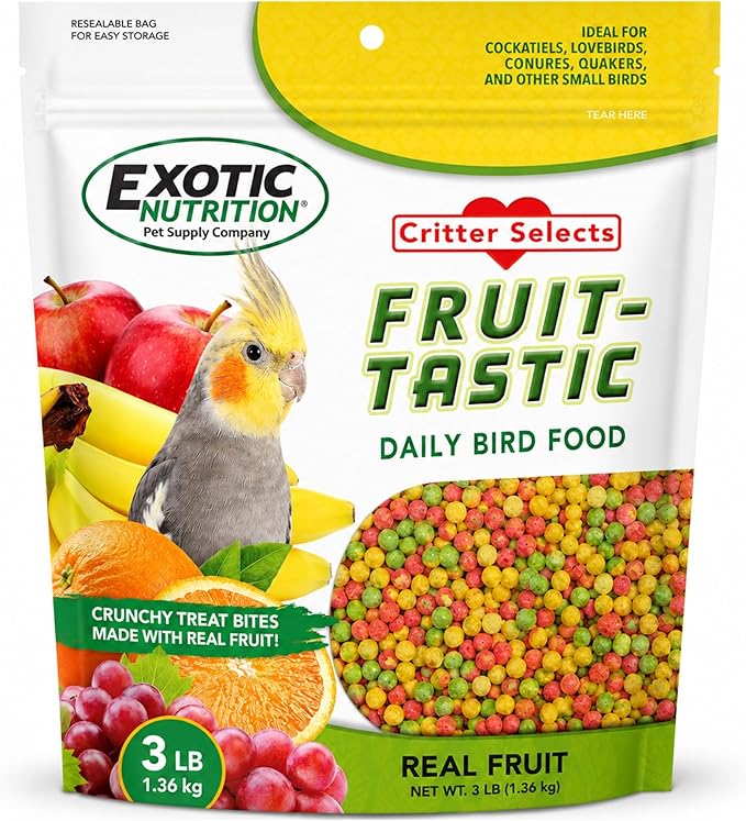 Exotic Nutrition 3 LB Fruit-Tastic Bird Food | Crunchy Fruit-Flavored Feed Pellets for Cockatiels, Lovebirds, Quakers, Small Conures & Lorikeets