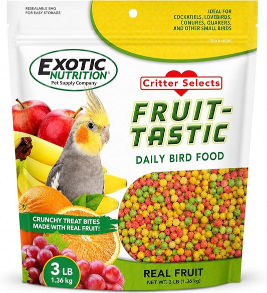 Exotic Nutrition 3 LB Fruit-Tastic Bird Food | Crunchy Fruit-Flavored Feed Pellets for Cockatiels, Lovebirds, Quakers, Small Conures & Lorikeets