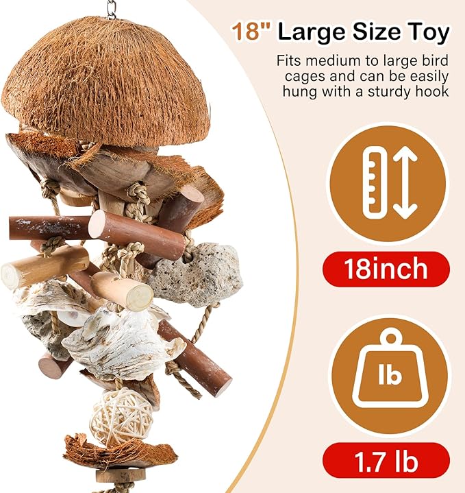 Natural Bird Toys for Parrots – 18in Handmade Shredding & Foraging Toy with Coconut Shells, Wood Blocks & Lava Stones – Parrot Toys for Sun Conures, Conures, Caiques, Cockatiels, Quaker Parrots