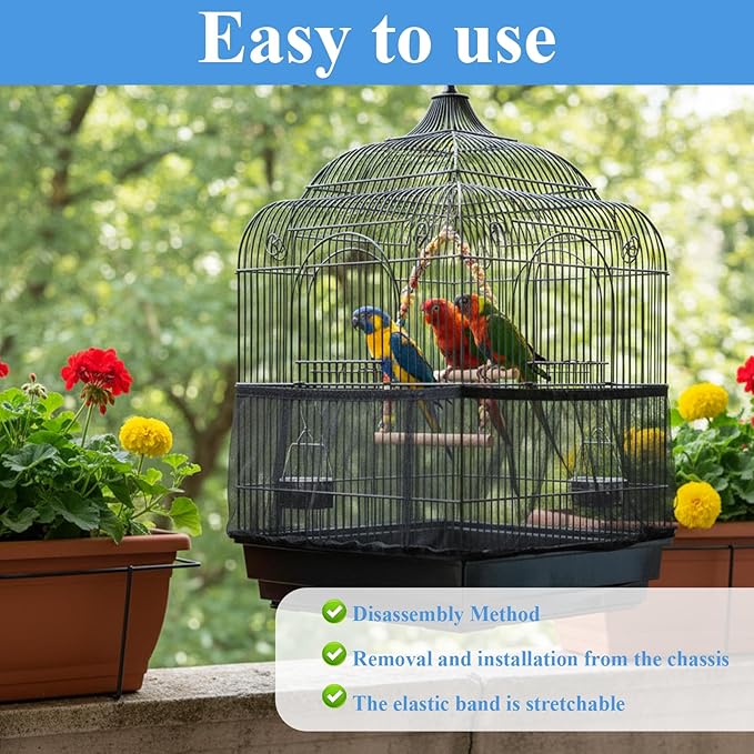 2 Pcs Bird Cage Seed Catcher, Elasticity Bird Cage Cover Seed Catcher Guard Birdscage Net Skirt Netting for Parrot Parakeet, Black