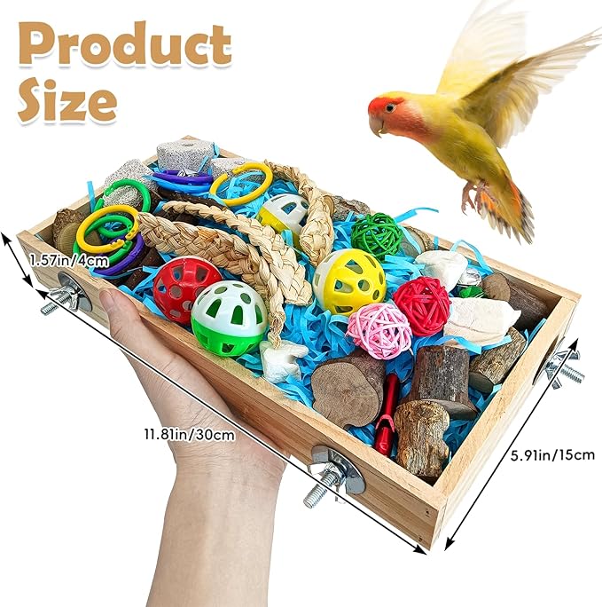 BNOSDM Bird Foraging Toys Box Colorful Parrot Foraging and Shredding Toy Boxes Natural Bird Toy Wooden Birds Chewing Toys for Parakeet, Conure, Cockatiel, Budgies, Lovebirds (Large)