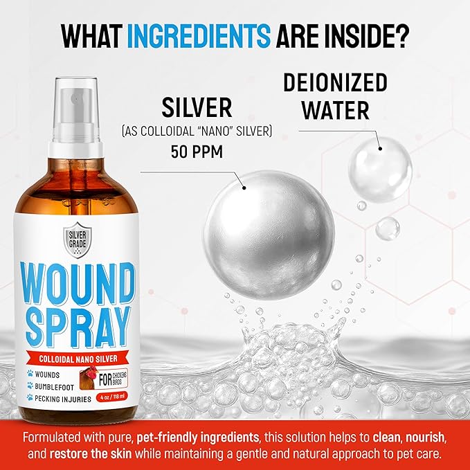 SILVER GRADE Wound Spray for Chicken – Birds & Chicken Antibiotics Alternative to Help with Pecking Sores, Bumblefoot, Cuts – Poultry Spray with Silver – GMOs Free – 4-Oz Bottle