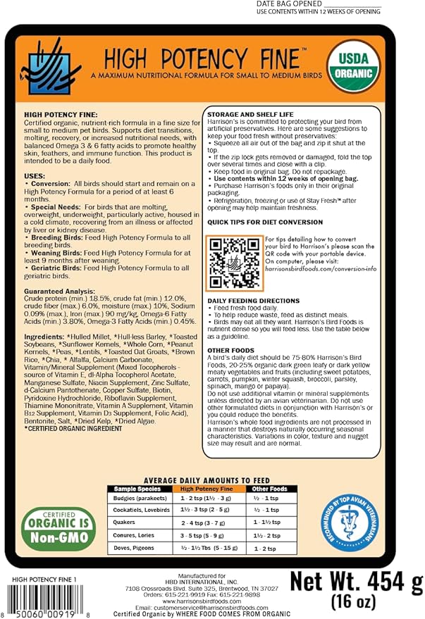 Harrison's Bird Foods High Potency Fine - Certified Organic, Non GMO Formula for Small to Medium Birds - Human Grade Pellets for Molting, Recovering & Weaning Chicks with Balanced Nutrition (1lb)