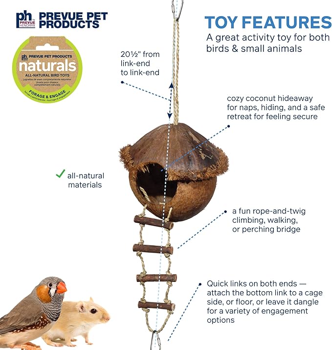 Prevue Pet Products Naturals Island Hideaway with Ladder - Bird Toy for Parakeet, Conures, Cockatiels, Amazons, and Small to Medium Pets, Cage Accessory for Climbing, Resting, and Beak Exercise