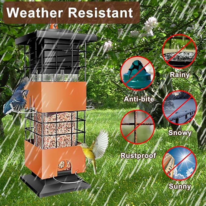 Squirrel Proof Bird Feeder, 3Lbs Metal Anti-Squirrel Bird Feeders for Outdoors, Weight-Activated Perches Hanging Wild Birdfeeder for Blue Jay, Cardinal (Brown)
