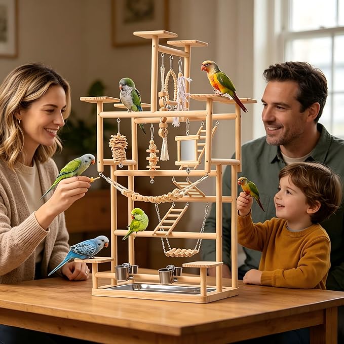 VELVETPAW Bird Playground – 7-Level Natural Wood Parrot Playstand with Feeders & Toys, Modular Two-Tier Bird Play Gym, Detachable Top Tabletop Stand & Detachable Top Tabletop Stand
