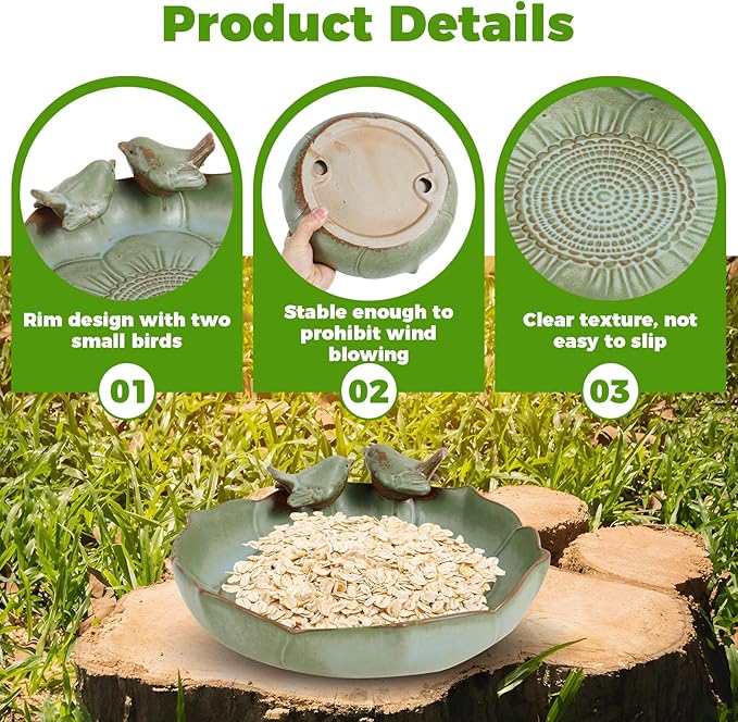 Ceramic Bird Bath for Outside, Vintage Birdbath, Bowl Only, Ground Bird Feeders and birdbath for Outdoors, Garden, Tabletop, Deck, Balcony and Lawn