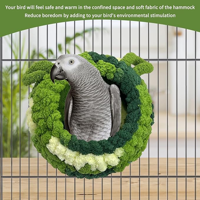Hamiledyi Bird Nest Warm Snuggle Hut Bird Bed Fluffy Bird Sleeping Bed Parrot Nest Hammock Bird Shed Hut House Plush Snuggle Bird Hammock for Parakeets Cockatiels Conures Lovebirds (Green, Large)