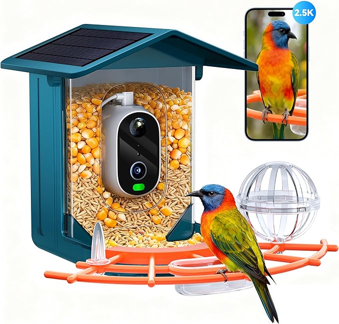 outinput 2.5K Smart Bird Feeder with Camera Solar Powered, AI Bird Species Identification, Squirrel Proof, Real-Time Video Notifications, Weatherproof, Ideal Gift for Family and BirdLovers, Navy Blue