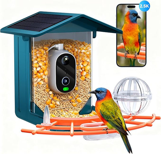 outinput 2.5K Smart Bird Feeder with Camera Solar Powered, AI Bird Species Identification, Squirrel Proof, Real-Time Video Notifications, Weatherproof, Ideal Gift for Family and BirdLovers, Navy Blue