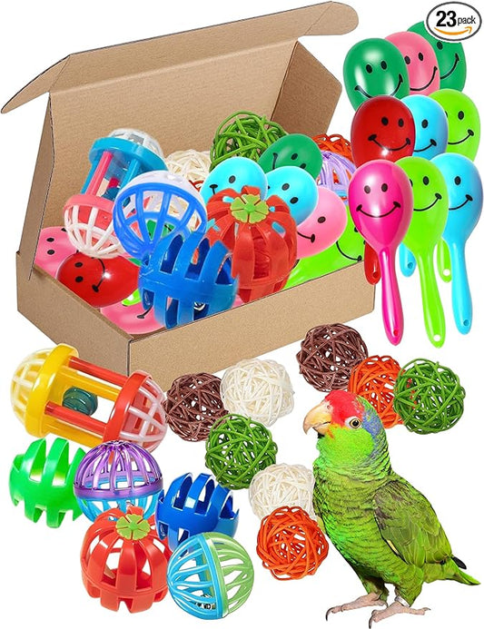 23-Pack Bird Toys for Parrots – Colorful Bells & Woven Balls for Fun Exercise & Mental Stimulation, Fits Small to Large Birds (1.6'' - 2.8'')