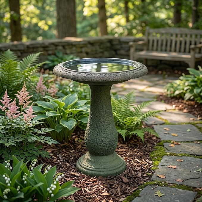 Tall Bird Bath for Outside 23 Inch Roman Green - Stone-Resin Composite Pedestal Birdbath Bowl - Decorative Standing Outdoor Garden Decor for Front Porch Patio Yard Backyard Lawn Ornament