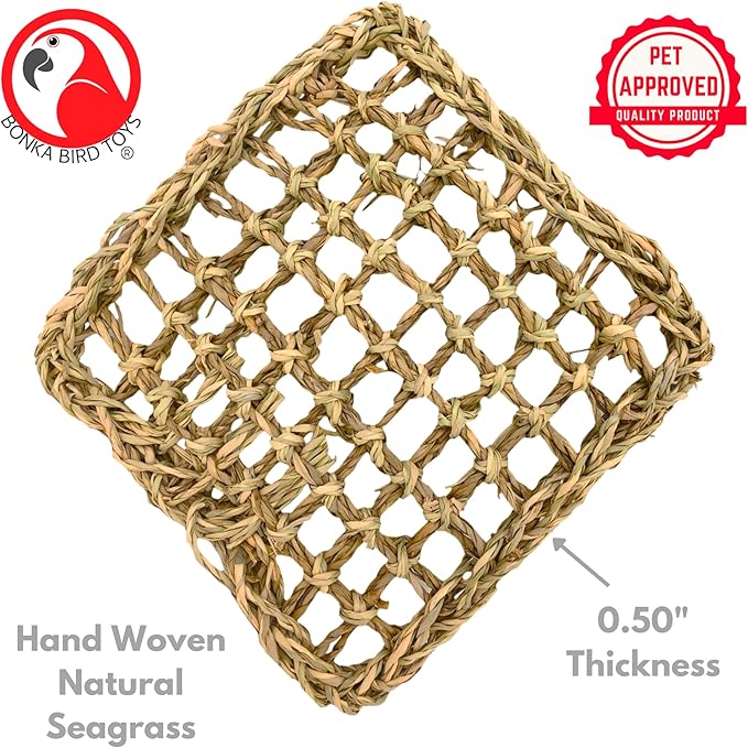 Bonka Bird Toys 1766 Seagrass Mat 7" x 7" Natural Woven Chew Climbing Foraging Base for Small to Large Birds Like Conures Quakers Amazons