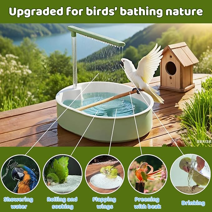Bird Shower Parakeet Bath for Cage with Adjustable Water Flow Control Valve, Parrot Shower Bath for Budgies with Plug, Automatic Circulating Water Fountain for Pet Bird, Cockatiel, Conure (withe pipe)