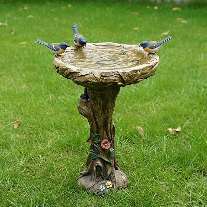 SKYFIRE 25.5” H Fibre Reinforced Concrete Bird Bath with Birds for Garden, Woodland Tree Trunk Decoration Outdoor Bird Bath，Pedestal Birdbaths for Outdoors, Garden, Patio, Lawn, Backyard