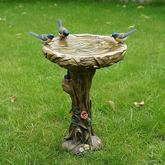 SKYFIRE 25.5” H Fibre Reinforced Concrete Bird Bath with Birds for Garden, Woodland Tree Trunk Decoration Outdoor Bird Bath，Pedestal Birdbaths for Outdoors, Garden, Patio, Lawn, Backyard