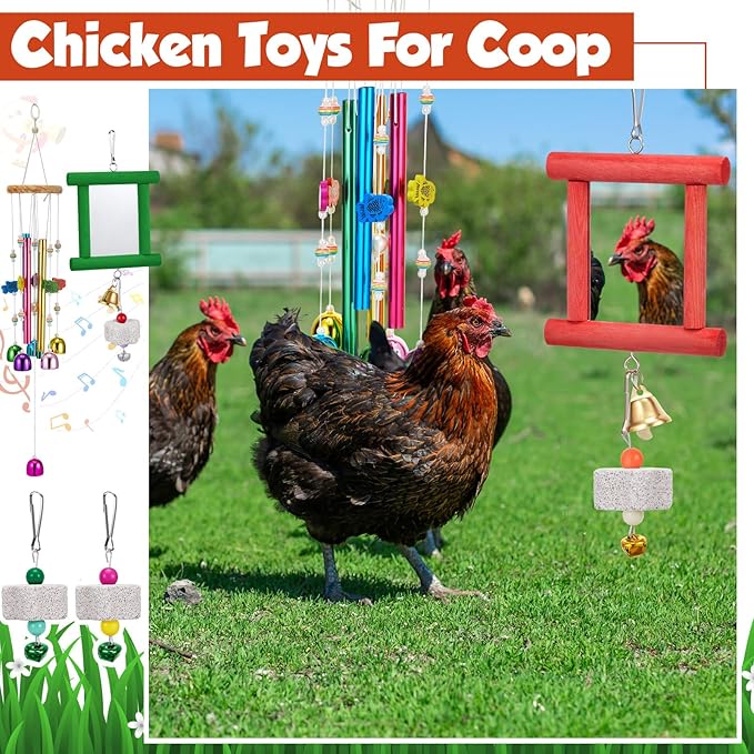 VioraWhite 7 Pcs Chicken Toys, Hanging Chicken Wind Chime, 2 Pcs Coop Mirror Toys with Bells 4 Pack Beak Grinding Stones, Musical Coop Accessories for Hen Rooster Chick Poultry Bird(Rose Red, Green)