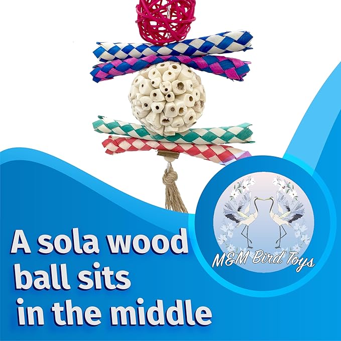 1702 Rainbow Rattan Sola Shredder - Handcrafted Foraging Bird cage Toy, Colorful Rattan Vine Ball, Chewy Bamboo Finger Traps, Handmade sola Wood Ball, Natural Jute Twine, Soft Materials, Easy Ripping