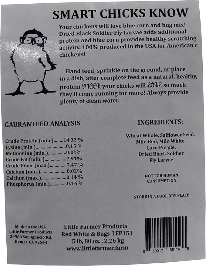 Red White and Bugs! Premium Non-GMO Black Soldier Fly Grubs, Blue Corn, Safflower Mix, Poultry Treat, USA Grown (5LB)