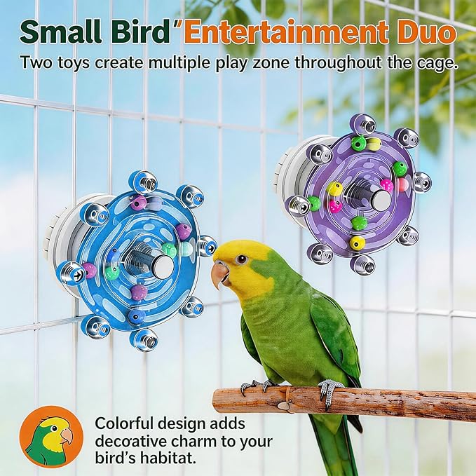 2 Pcs Bird Toys for Parakeets, Colorful Parakeet Toys with Spinning Wheel and Interactive Rattle, Chew Exercise Toys for Cage, Entertainment for Parakeets and Cockatiels