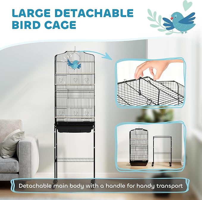 PawHut 60" Metal Indoor Bird Cage Starter Kit with Detachable Rolling Stand, Storage Basket, and Accessories, Black