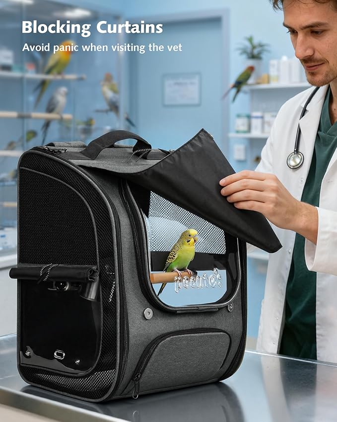 Pecute Bird Backpack Carrier for Small Birds,Cockatiel,Parrot,Bird Carrier with Standing Perch,Comfy Mat&Transparent Window, Breathable Bird Backpack for Vet Visit,Shopping and Outdoor Adventure,Grey