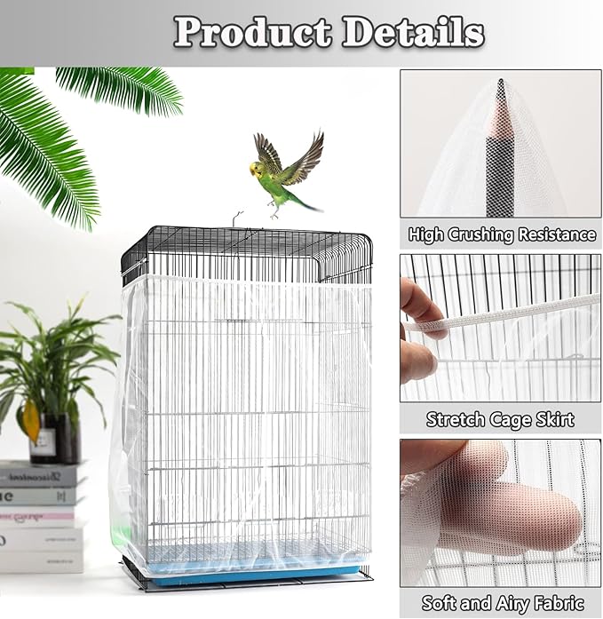 Adjustable Bird Cage Netting - Seed Catcher Guard Net Cover Skirt for Parrot, Parakeet, Macaw - Round & Square Cages - White