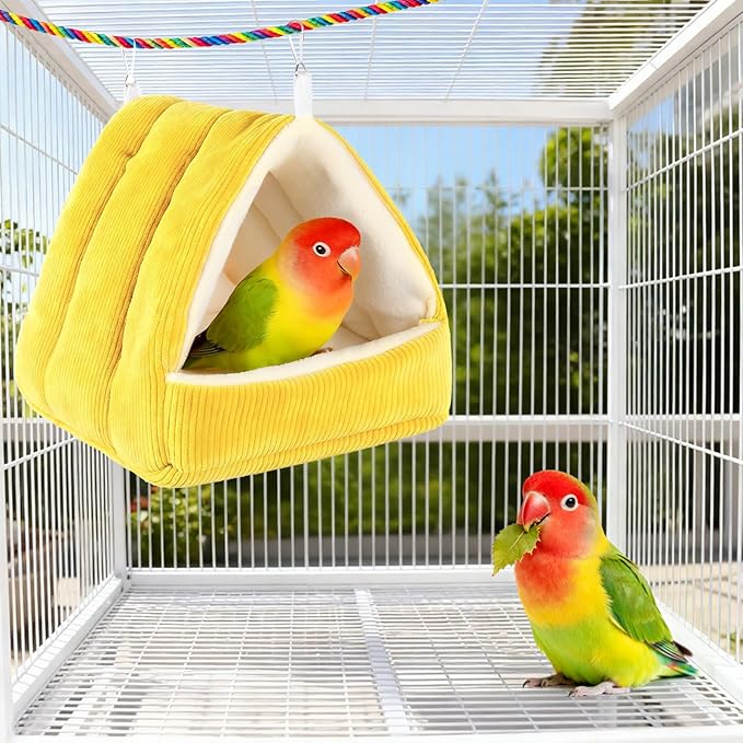 Winter Warm Bird Bed for Cage with Soft Plush Hanging Hammock & Hut Tent, Hideaway Sleeping Nest for Budgies, Cockatiels, Small Animals, and Guinea Pig Hideouts (Yellow, S)