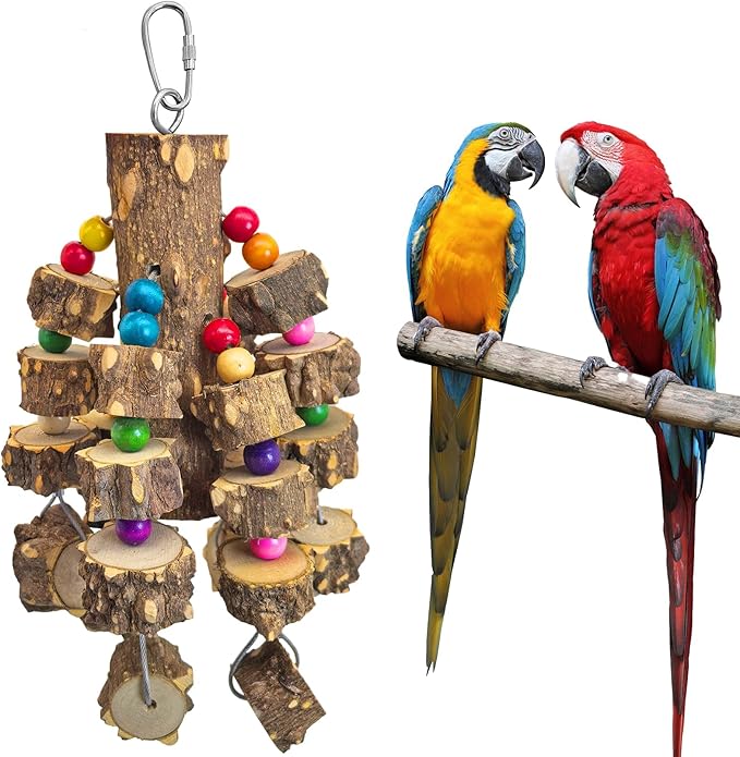 PINVNBY Wood Parrot Toys for Birds, Wire Link Durable Macaw Toys Large Natural Wooden Blocks Chew Toy for Small and Middle Parrots African Grey Macaws Cockatiels Eclectus