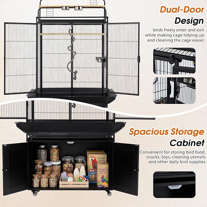 AVAWING 70-Inch Bird Cage with Play Top & Storage Cabinet, Tall Big Bird Flight Cage with Pull-Out Tray, Feeders, Cover, Stand, Rope, Metal Bird Aviary for Macaw Parakeet Cockatiel Budgie, Black