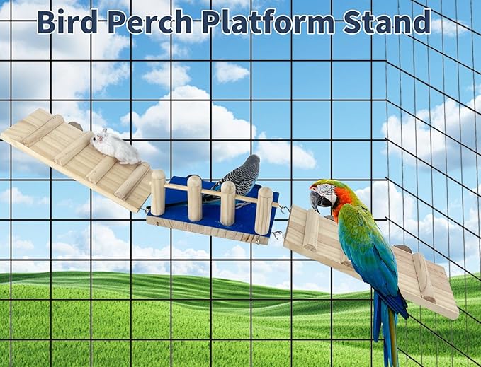 FlidRunest Bird Toy, Parrot Perch Platform with Swing and Ladder, Bird Perch Paw Grinding Rough-surfaced, Wooden Climbing Exercise Stands for Parakeet, Parrot, Lovebird, Cockatiel, Hamster