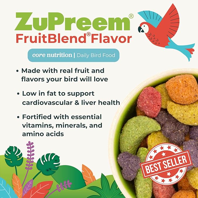 ZuPreem FruitBlend Bird Pellets, Daily Bird Food for Amazon, Cockatoo, Macaw, Core Nutrition for Large Birds, Made in USA, Pellets for Large Birds, Macaw Food (L, 3.5 lbs)