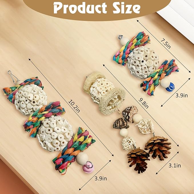 BNOSDM Hanging Bird Toy Sola Balls 3PCS Parrot Shredder Balls Natural Parakeet Foraging Toy Wood Bird Cage Chew Toys for Cockatiel, Budgie, Sun Conure, Quakers, Lovebirds (B)
