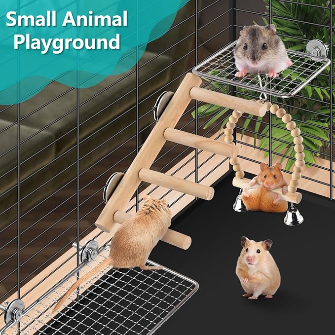 DBNESS 4Pcs Bird Perches Toys, Stainless Steel Perch Platform (2 Sizes), Natural Wood Parrot Climbing Ladder & Swing with Bell, Play Gym Cage Accessories for Budgie Cockatiel Lovebird Canary Conure