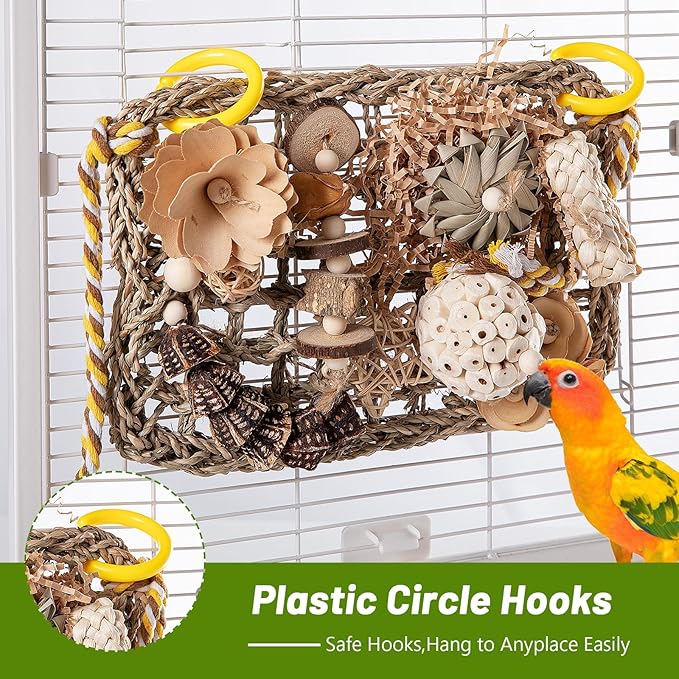 Bird Foraging Wall Toy, Seagrass Woven Climbing Hammock Mat with Chewing Toys,Parrot Shredding Hanging Toys for Cockatiel Lovebird Parakeet Budgie Small-Medium Birds (Large)
