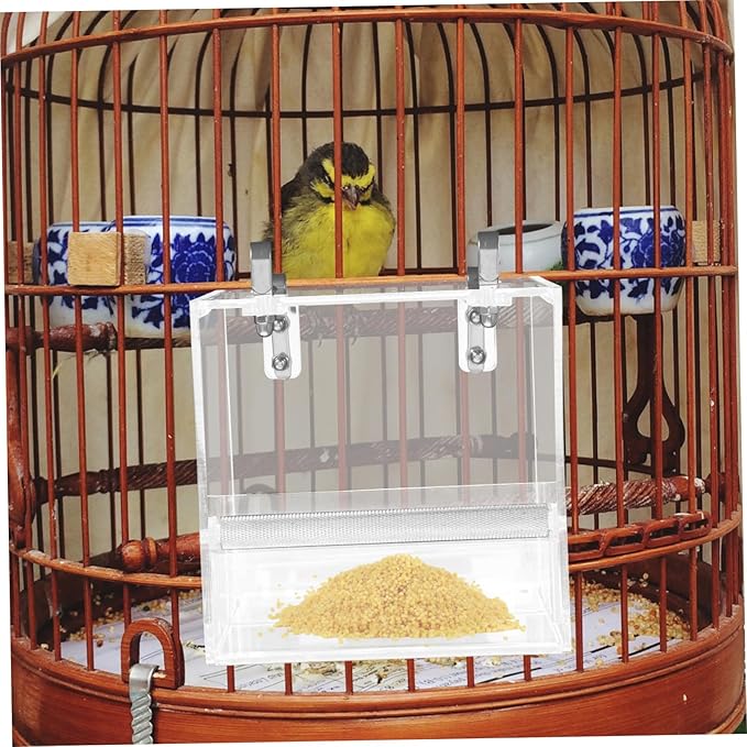 POPETPOP No Mess Bird Feeder for Cage with Hooks - Foraging Systems Corral Pet Feeder Keeps Cage Cleaner for Parakeet Canary Cockatiel Finch