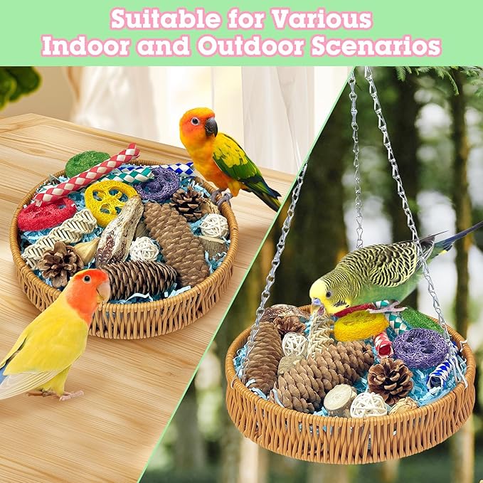 BNOSDM Rattan Bird Foraging Box 22Pcs Natural Parrot Shredding Toys Boxes Colorful Bird Chewing Toy for Cockatiel Budgie Parakeet Conure Lovebird African Grey