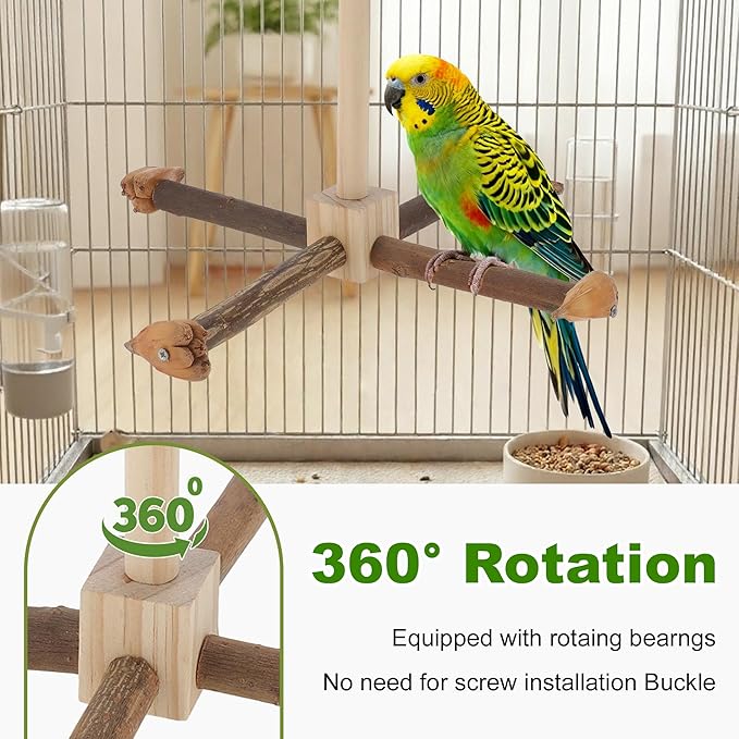 Rotating Bird Perches, Natural Wooden Perch with Chew Toy, Bird Toys for Small & Medium Birds, Medium, Natural Wood Color, 1 Set