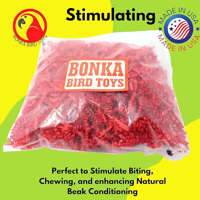 Bonka Bird Toys Colored Crinkle Shred Paper Chew Forage Nesting Treat Natural Multi-Use Craft Part Projects Cockatiels Parakeets Conures Amazons and Other Similar Birds (Red)