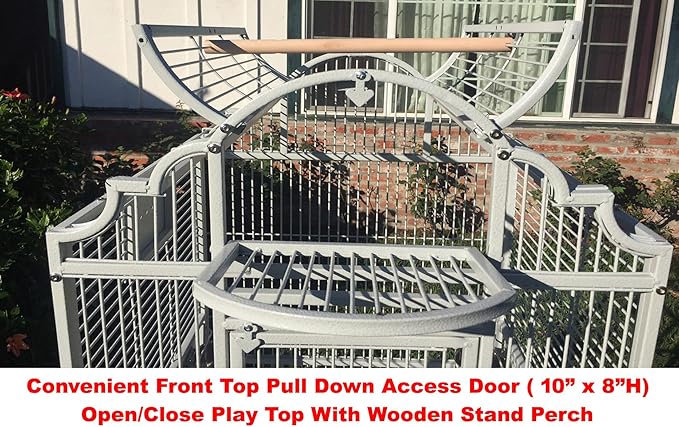 X-Large Elegant and Durable Wrought Iron Open/Close Play Top Bird Parrot Cage, Include Metal Seed Guard Solid Metal Feeder Side Nest Door Heavy Duty Lockable Rolling Wheels