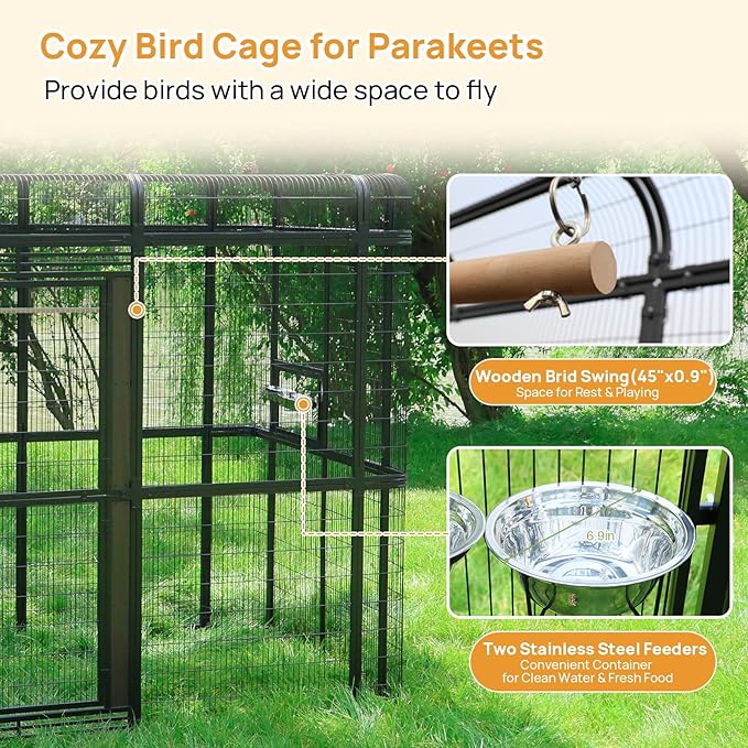 Outdoor Large Walk-in Cage 87-inch Heavy Duty Bird Cage Carbon Crystal Board Aviary Parrot Cage Wide Flight Metal Birdcage for Macaw Budgie Conure Lovebird Parakeet Cockatiel, 7.22x5.25x6.8ft, Black