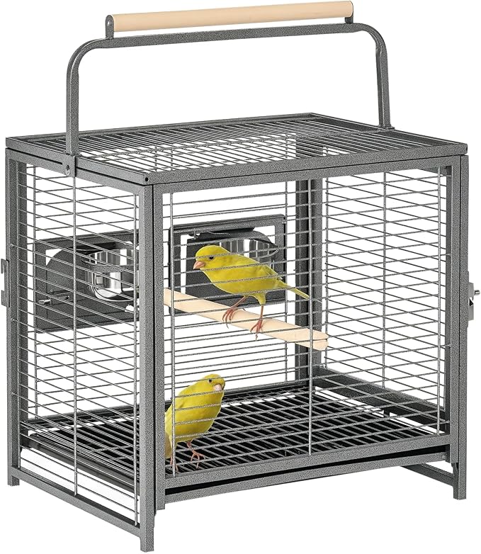 PawHut 18" Heavy Duty Wrought Iron Travel Bird Cage Carrier with Handle Perch and Accessories - Black