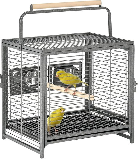 PawHut 18" Heavy Duty Wrought Iron Travel Bird Cage Carrier with Handle Perch and Accessories - Black