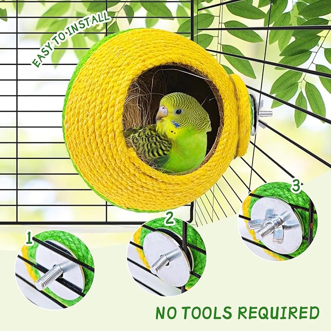 Bird Nest,Parrot Breeding House,Parakeet Natural Coconut Shell Hut,Hanging Budgie Nesting House with Coconut Fiber,Cockatiel Bed for Conure Lovebird Finch Birds,Green&Yellow