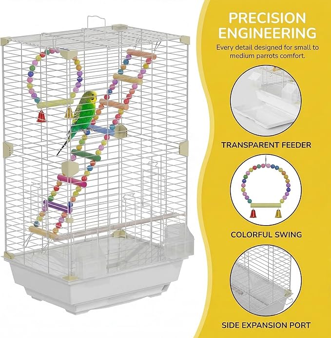 Pet Paradise Bird Cage, 14.6 x 11 x 24.8 inches, Metal Wire Construction, Multiple Perches and Feeders, for Parakeets, Canaries, Finches (White)