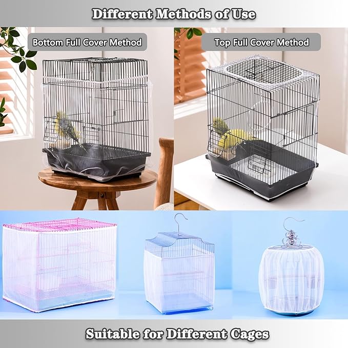 Adjustable Bird Cage Netting - Seed Catcher Guard Net Cover Skirt for Parrot, Parakeet, Macaw - Round & Square Cages - White
